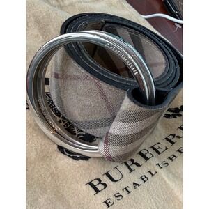 BURBERRY‎ Suede Nova Check Belt with Double Ring Buckle Silver Tone quiet luxury